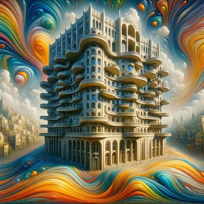 The primary subject of the image is a large, colorful building with many windows. The building is situated in a city setting, surrounded by other buildings. The visual style of the image is a combination of digital art and illustration, creating a vibrant and lively atmosphere. The colors and mood of the image are predominantly bright and cheerful, with a focus on the building's unique and eye-catching design.